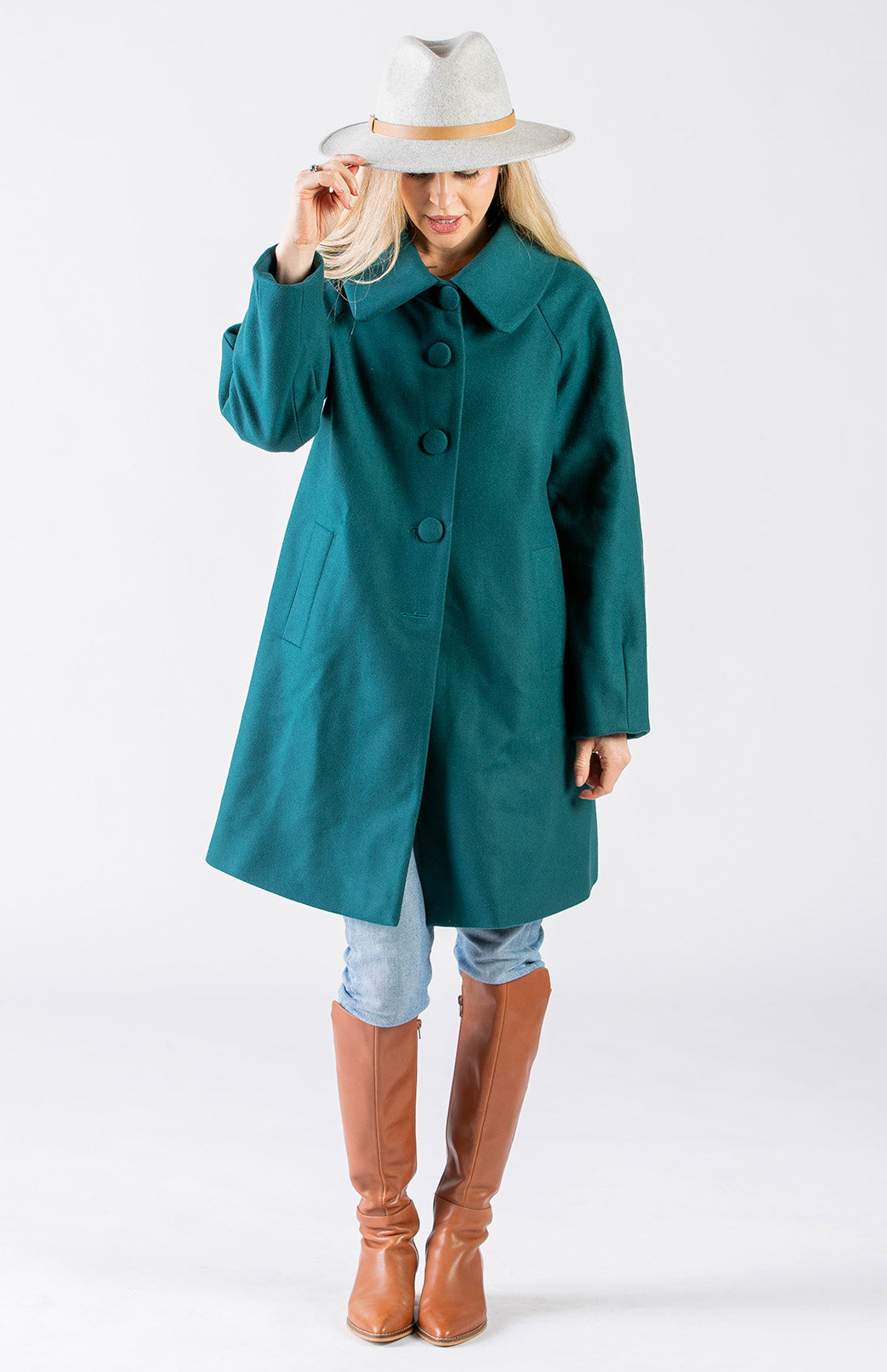 Teal Green Women's Merino Wool and Cashmere Swing Coat with Buttons