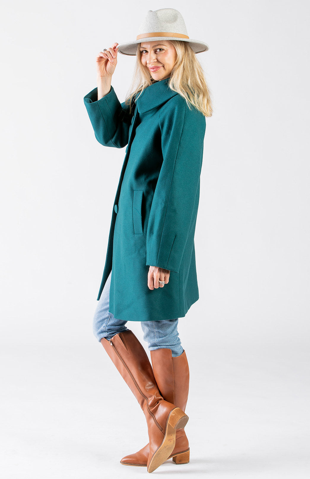 Teal Green Women's Merino Wool and Cashmere Swing Coat with Buttons