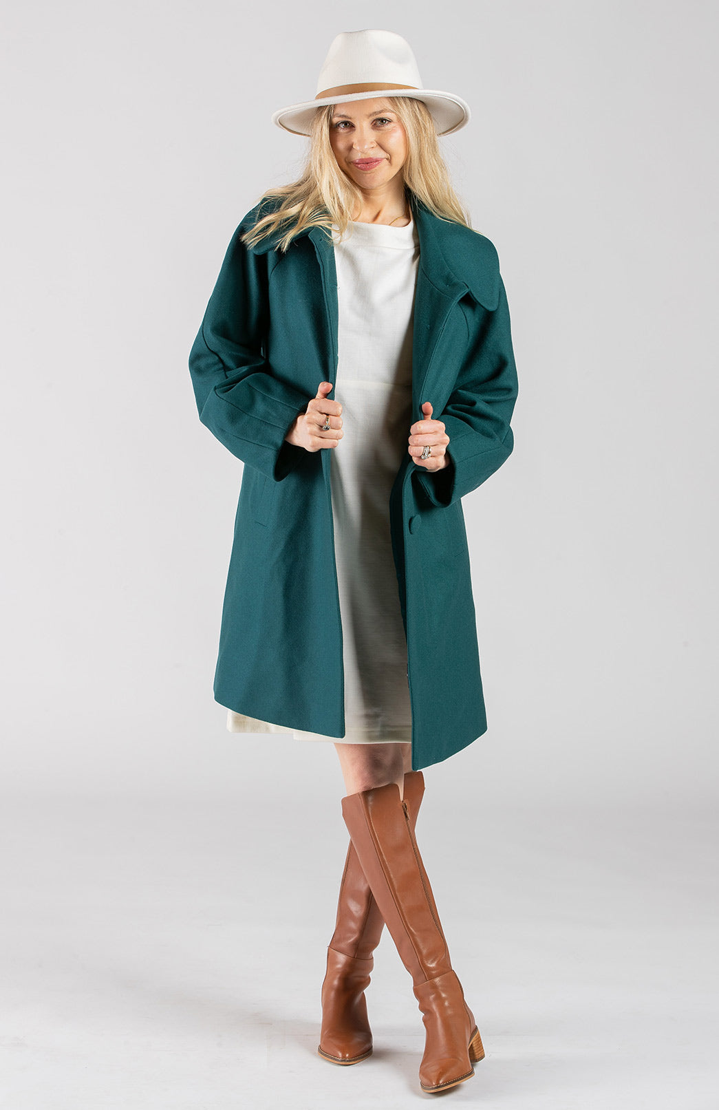 Teal Green Women's Merino Wool and Cashmere Swing Coat with Buttons