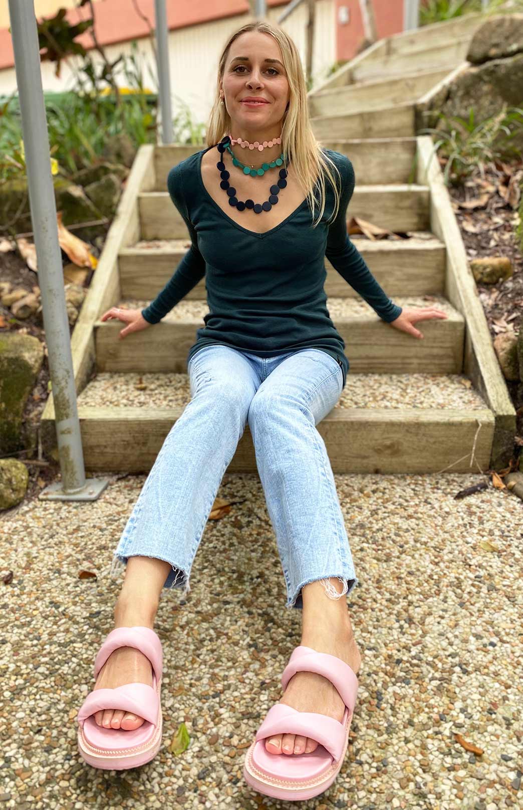 Watermelon Pink Women&#39;s Merino Wool Rib Top with V Neckline
