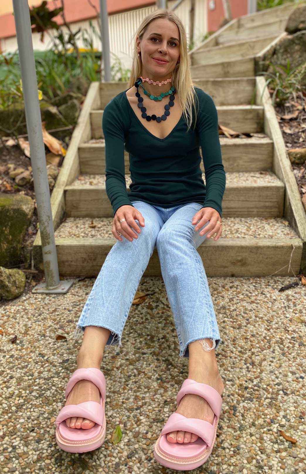 Deep Sea Green Women's Merino Wool Rib Top with V Neckline