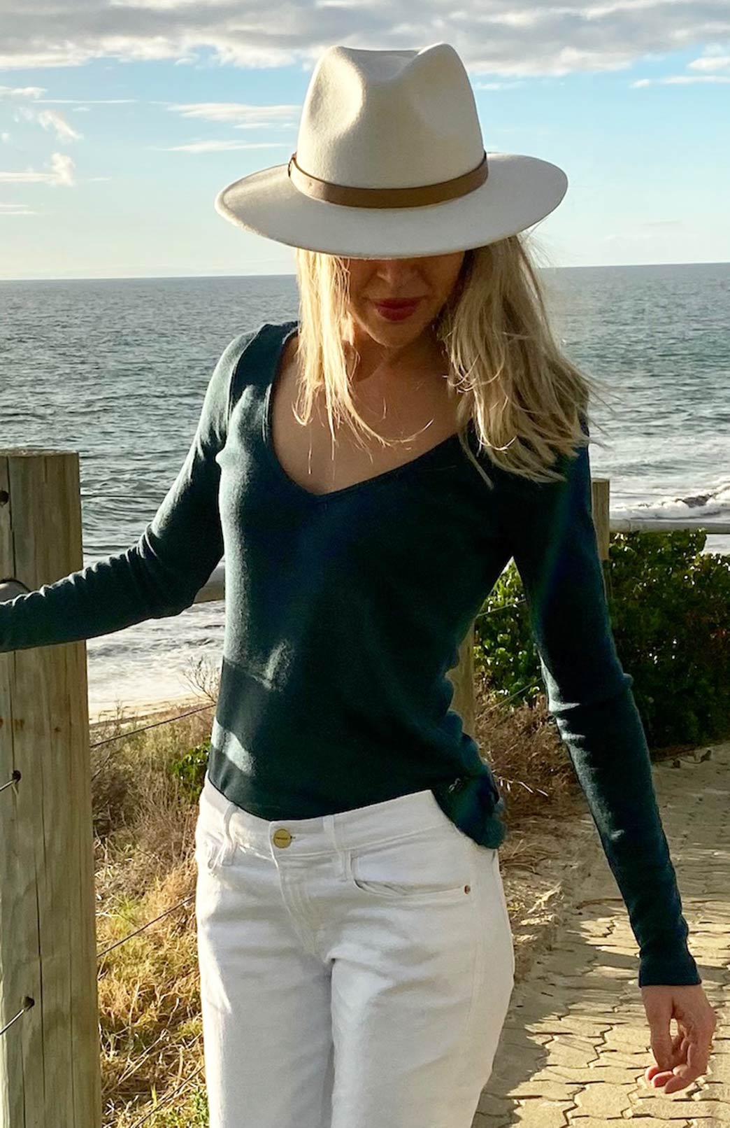 Deep Sea Green Women's Merino Wool Rib Top with V Neckline