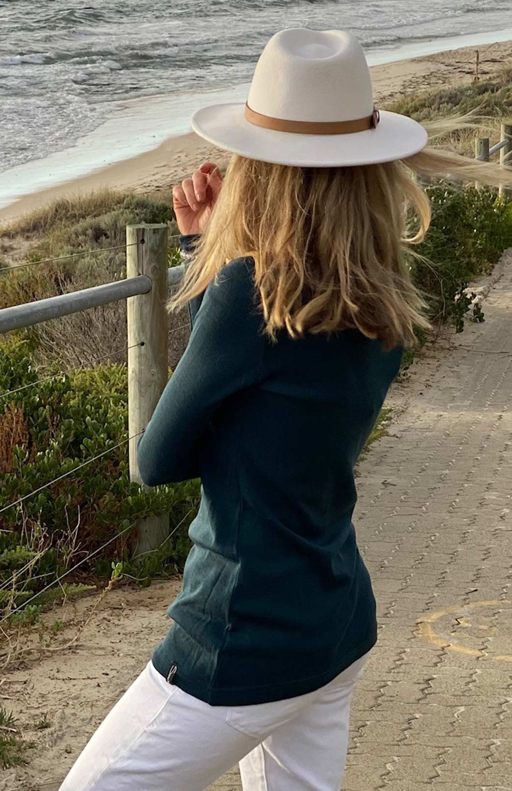 Deep Sea Green Women's Merino Wool Rib Top with V Neckline