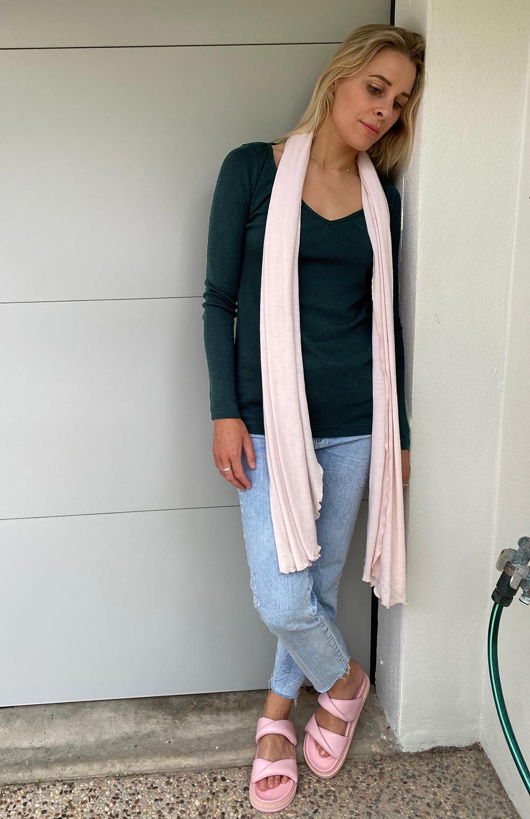 Deep Sea Green Women's Merino Wool Rib Top with V Neckline