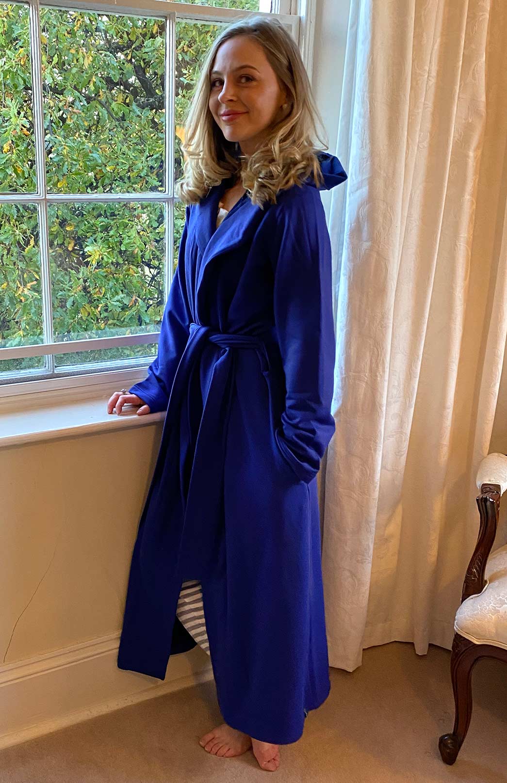 Cobalt Blue Merino Modal Blend Brushed Fleece Hoody Dressing Gown
