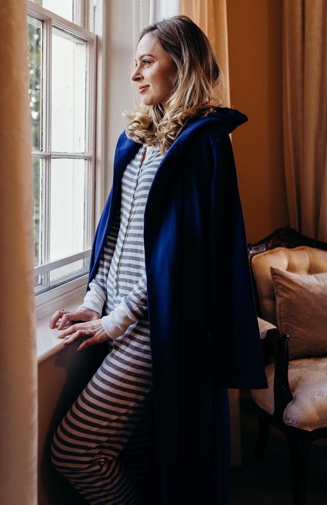 Grey Marl and Ivory Stripe Merino wool adult button down onesie with elasticated back flap