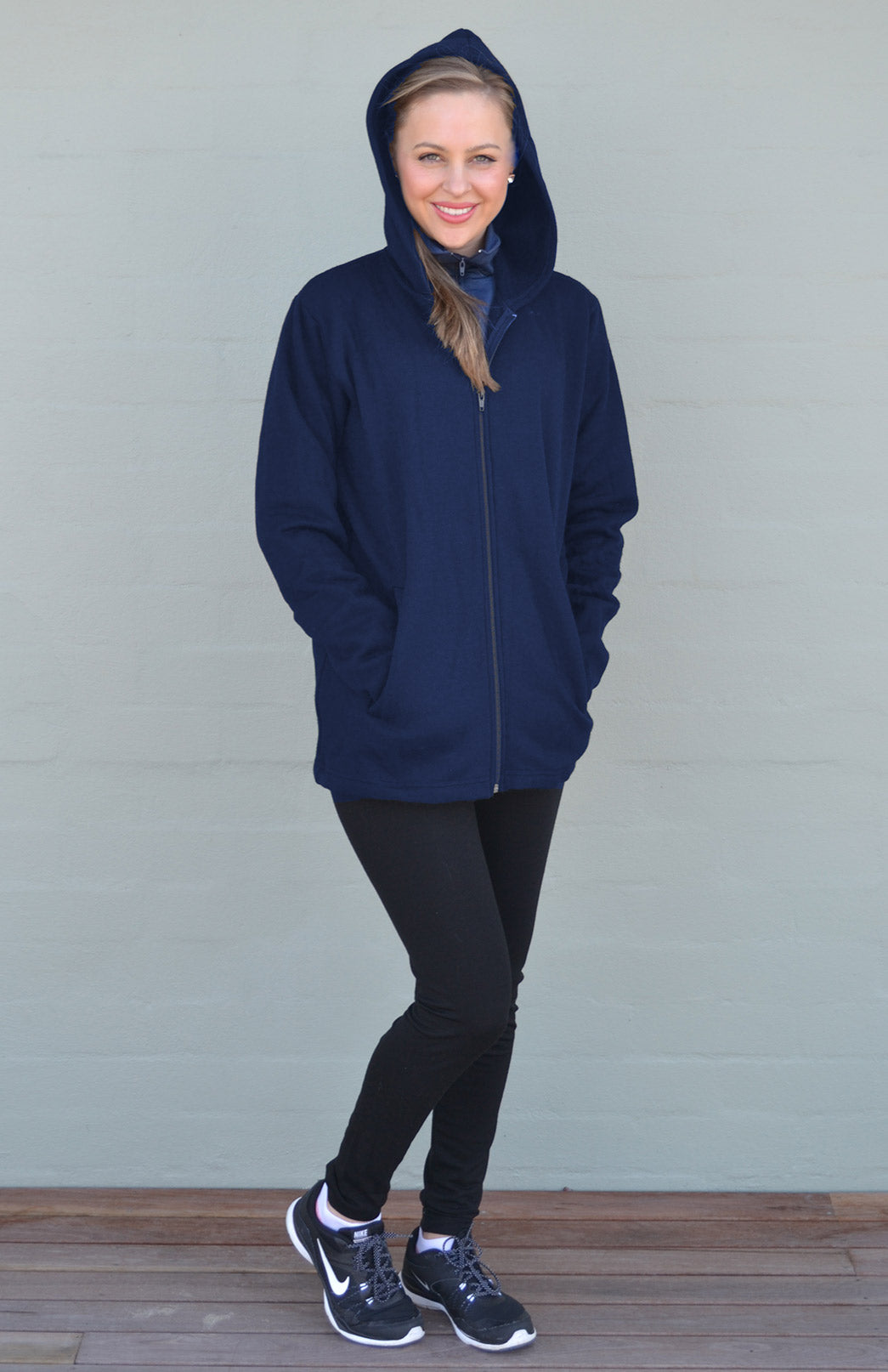 Navy Blue Women's Merino Wool Fleece Jacket with Hood