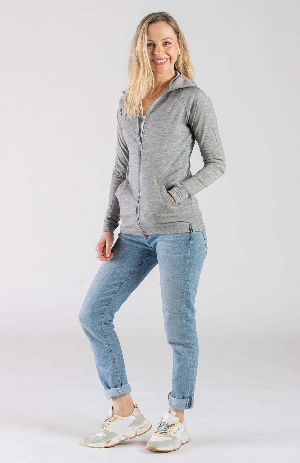 Light Grey Marl Women&#39;s Merino Wool Zip Top With Pockets
