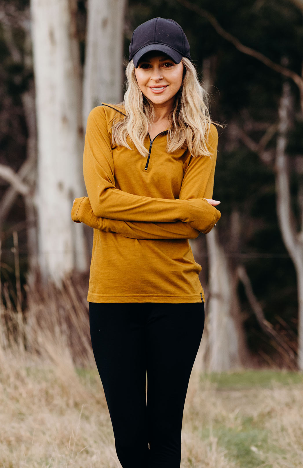 Dark Mustard Women&#39;s Merino Wool Zip Neck Top
