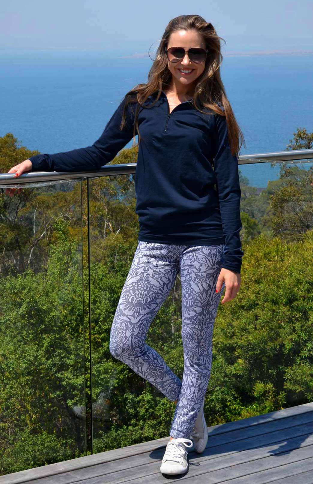 Navy Blue Women's Merino Wool Zip Neck Top