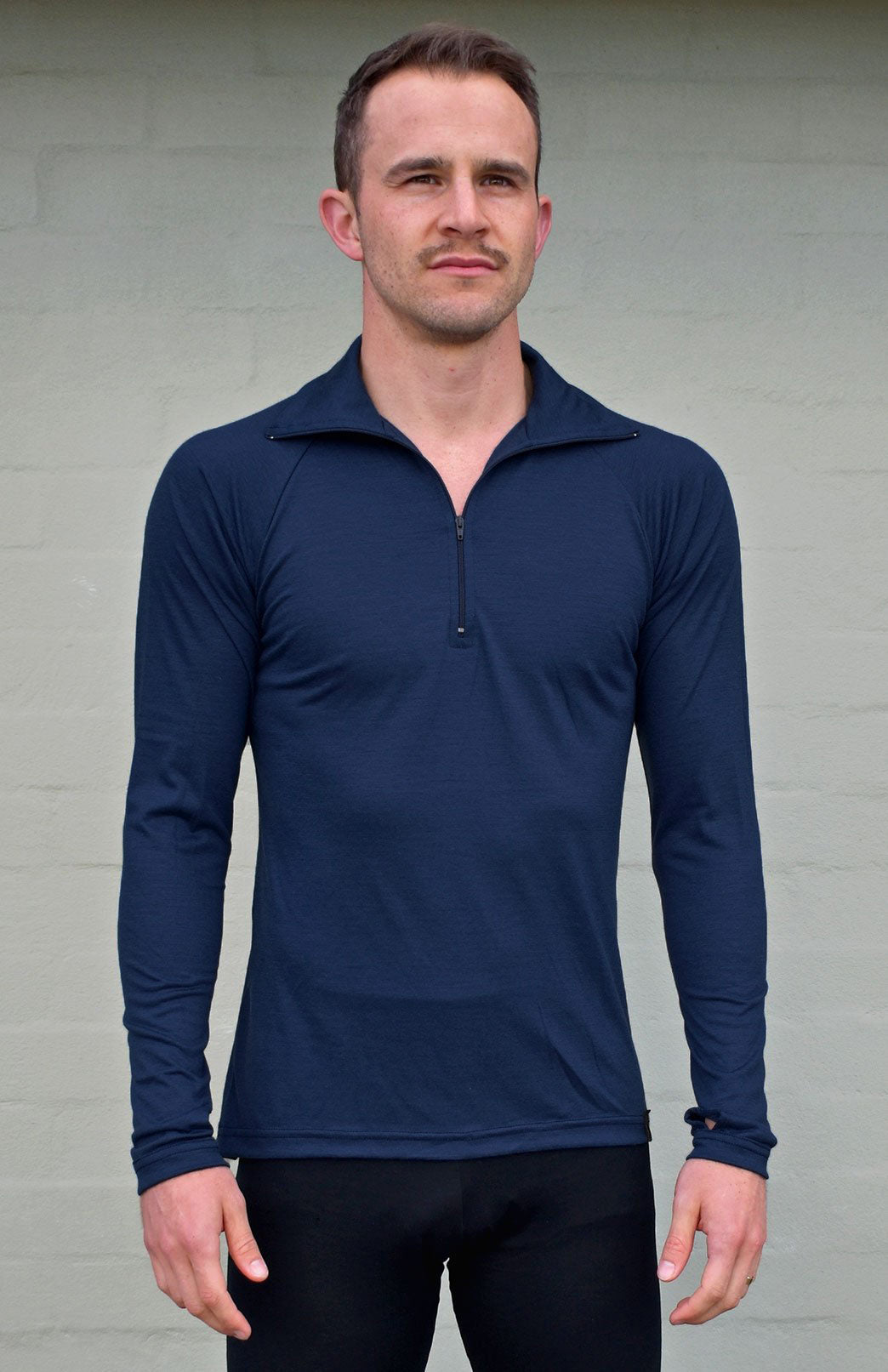 Navy Blue Men's Merino Wool Zip Neck Top