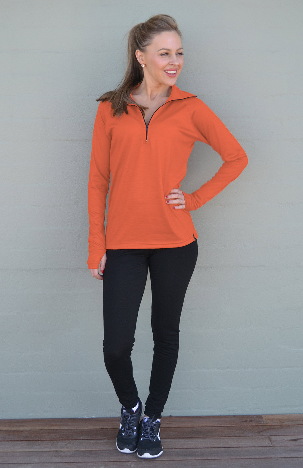 Burnt Orange Women's Merino Wool Zip Neck Top