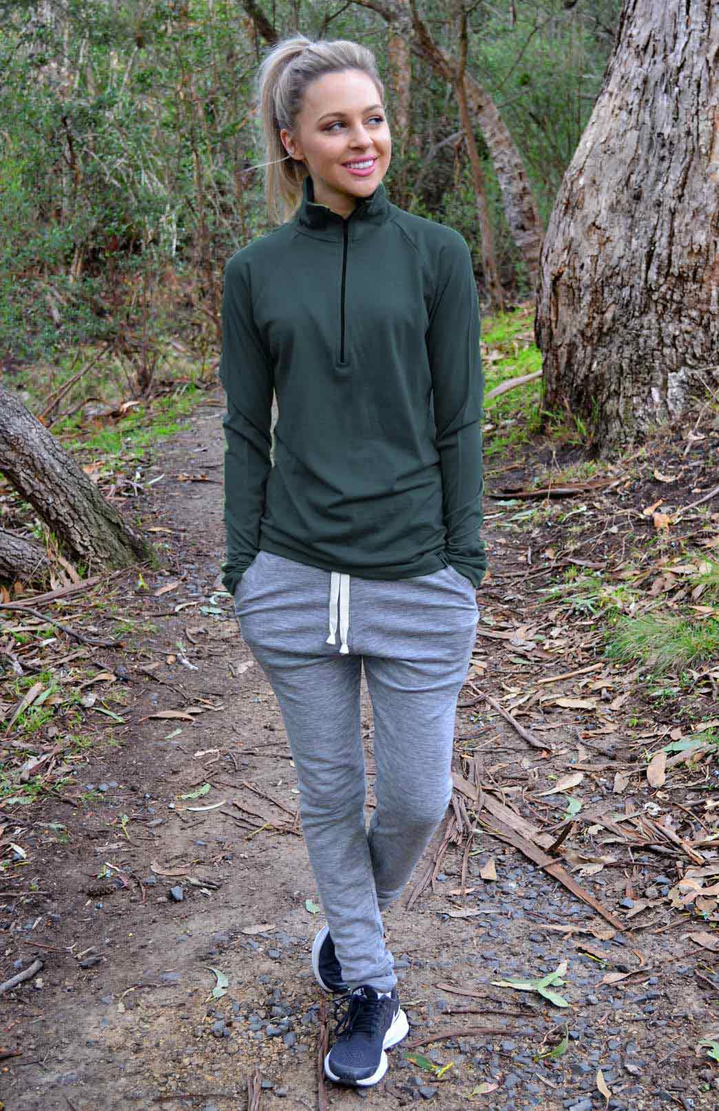 Deep Sea Green Women's Merino Wool Zip Neck Top