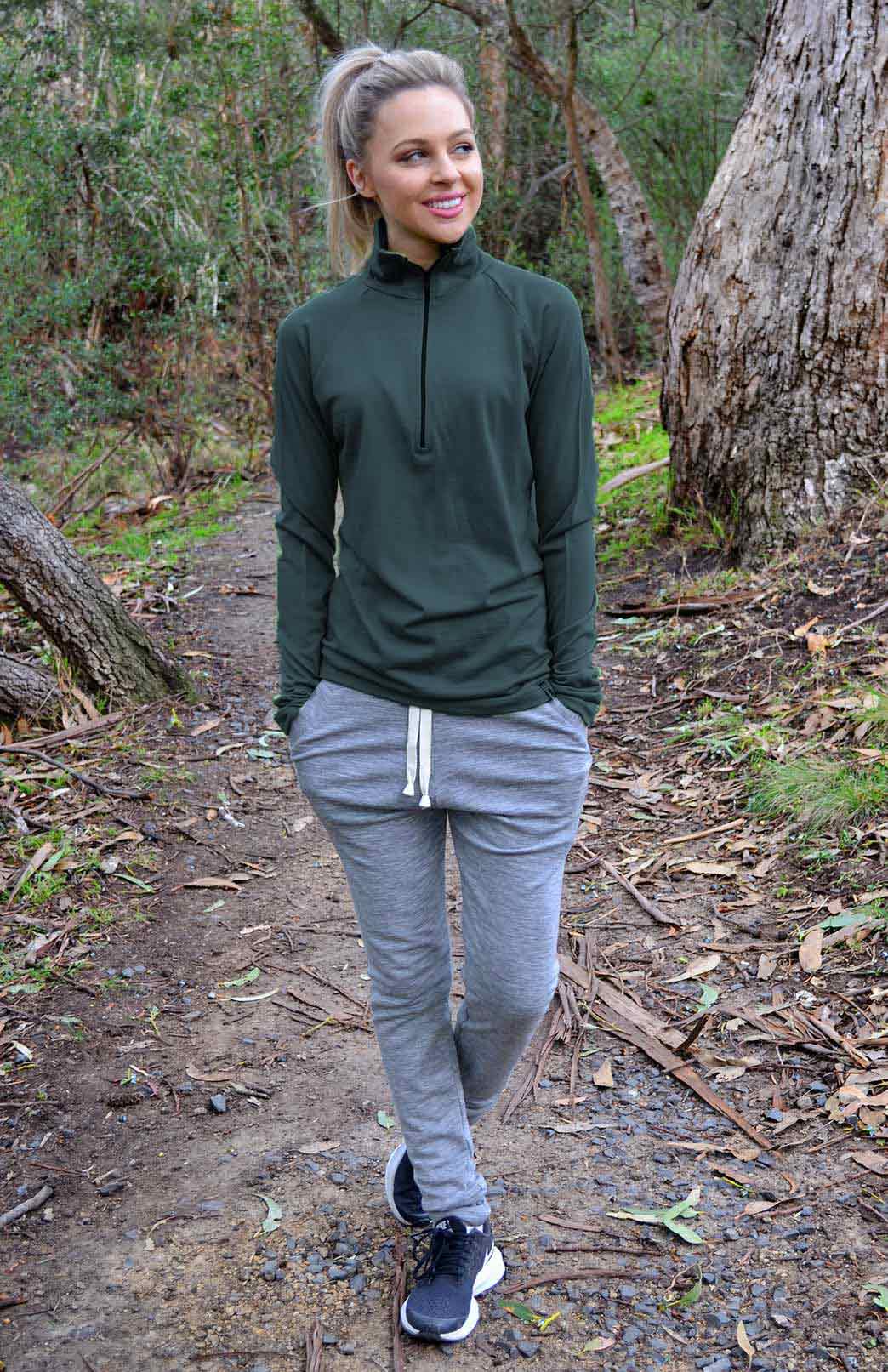 Deep Sea Green Women&#39;s Merino Wool Zip Neck Top
