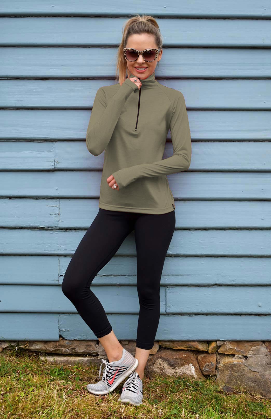 Gum Tree Green Women's Merino Wool Zip Neck Top
