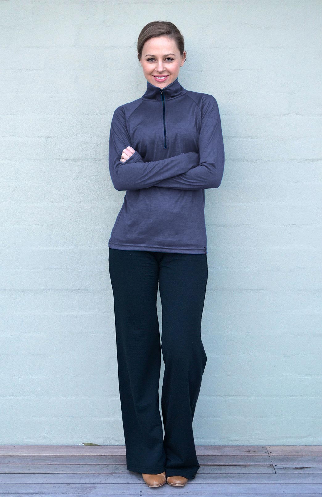 Slate Grey Women's Merino Wool Zip Neck Top