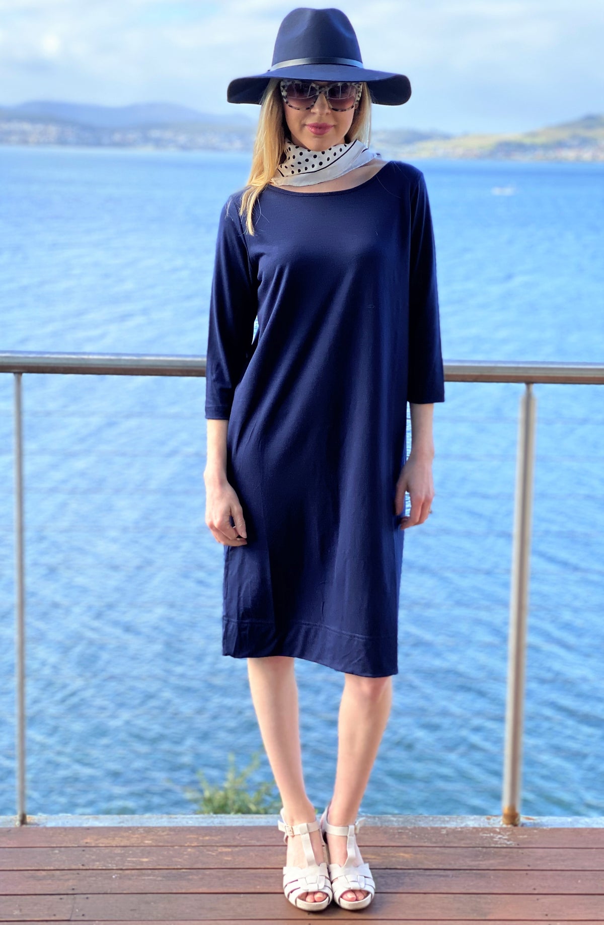 French Navy Blue Women's Merino Wool Shift Dress