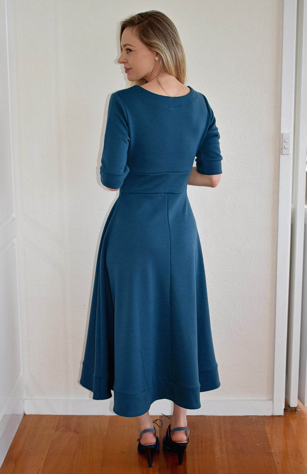 Storm Teal Women's Merino Wool V-Neck Classic Dress