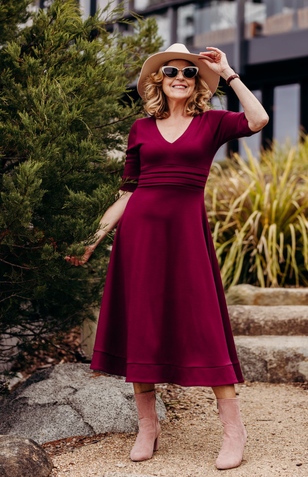 Magenta Women's Merino Wool V-Neck Classic Dress