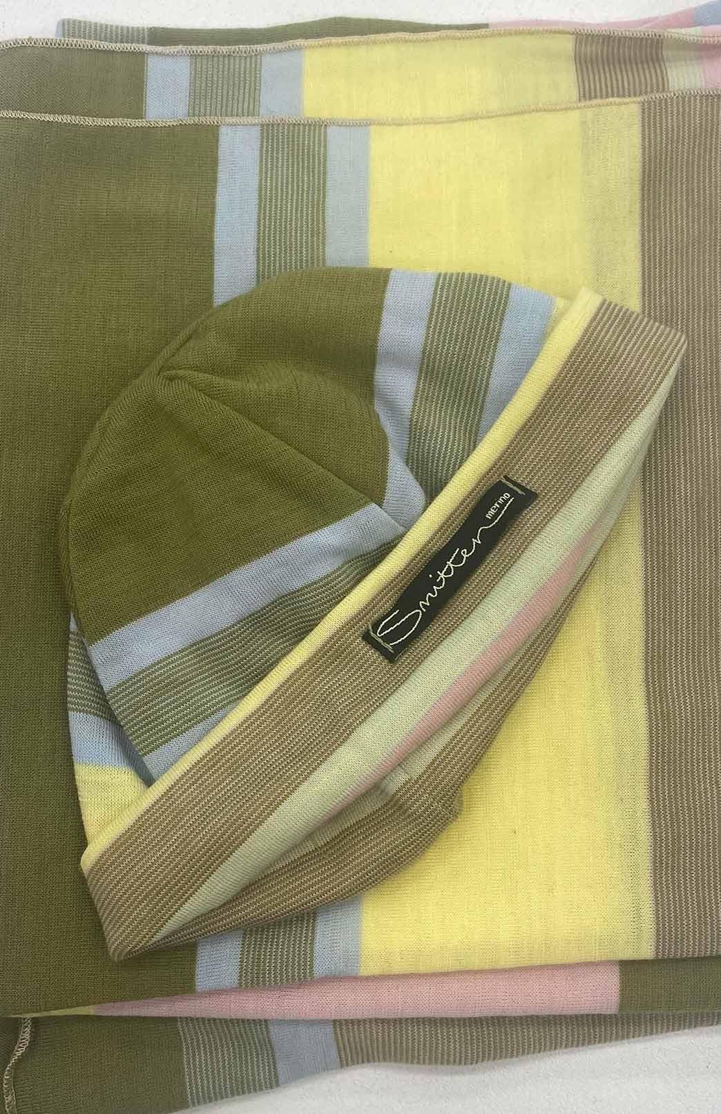 Bloom Multi Stripe Pure Merino Wool Baby Wrap and Beanie Set