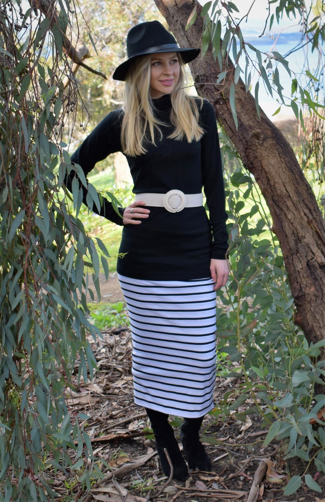 White & Black French Stripe Women's Merino Wool Long Tube Skirt