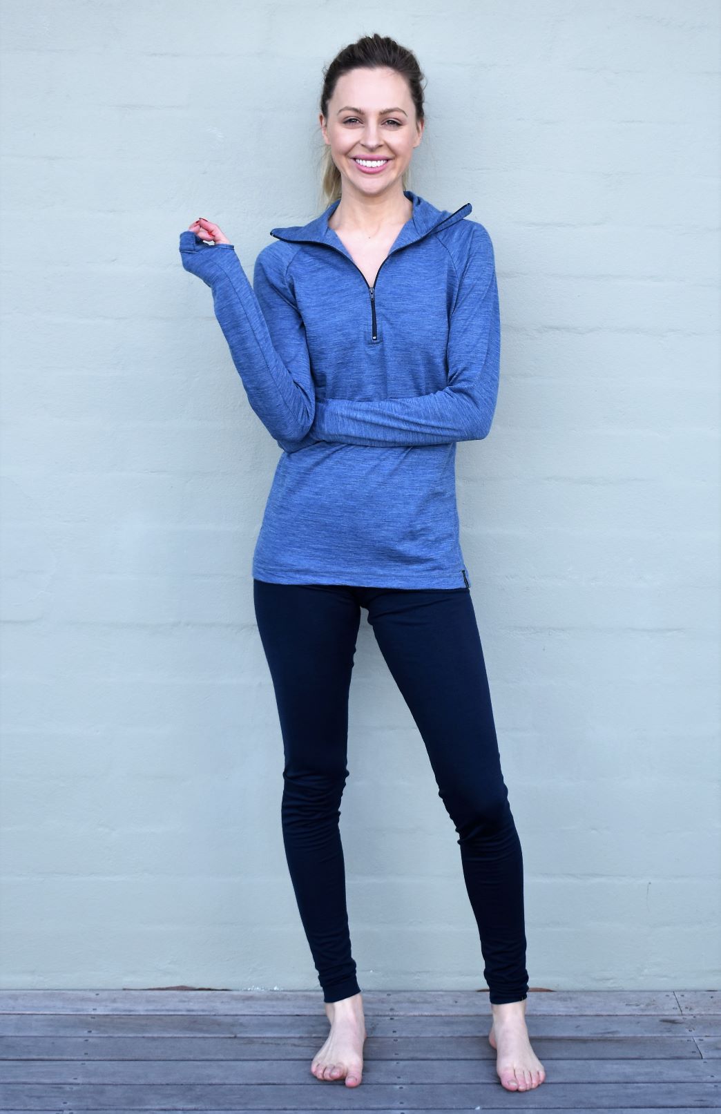 Blue Marl Women's Merino Wool Zip Neck Top
