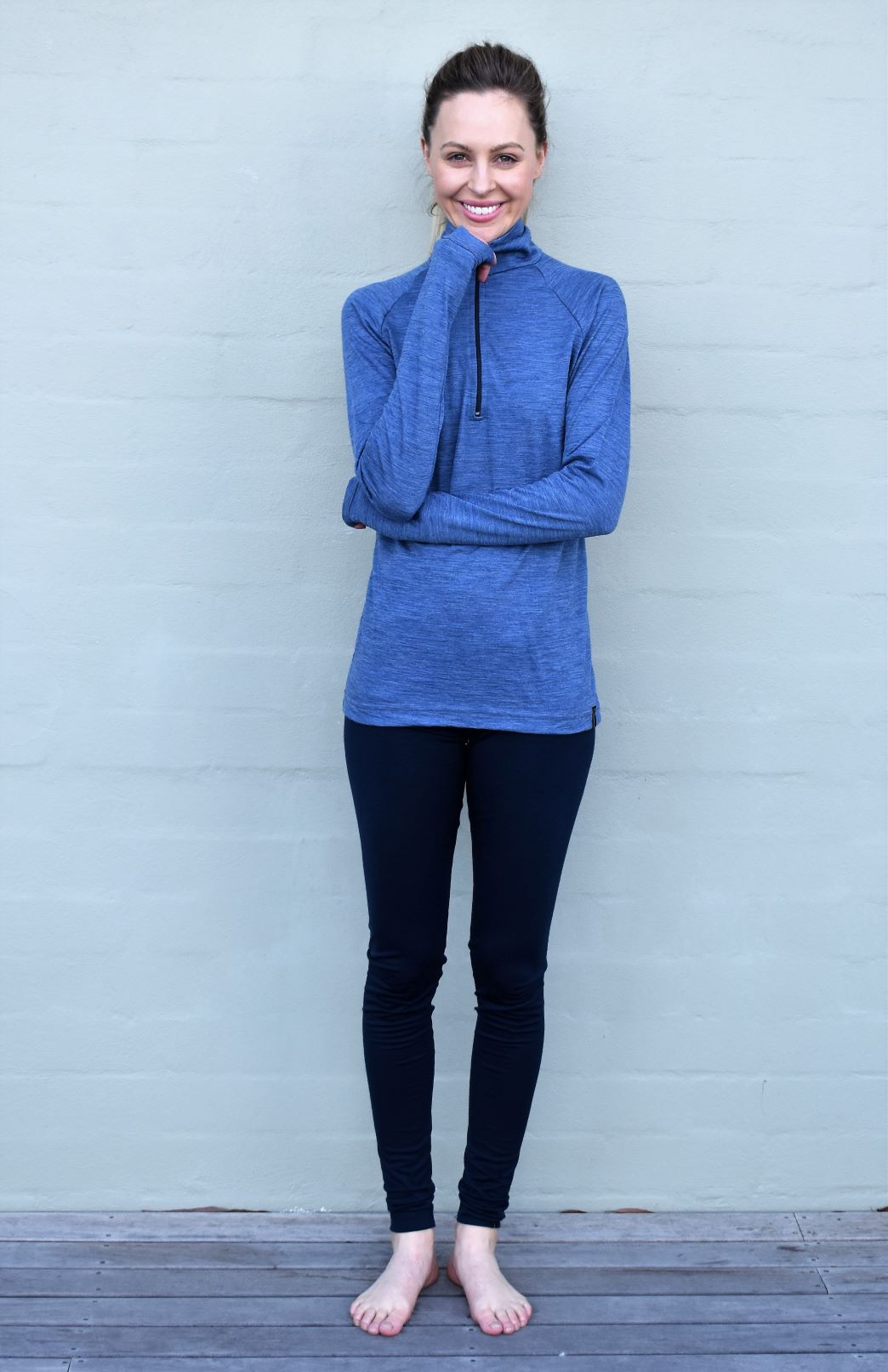 Blue Marl Women's Merino Wool Zip Neck Top