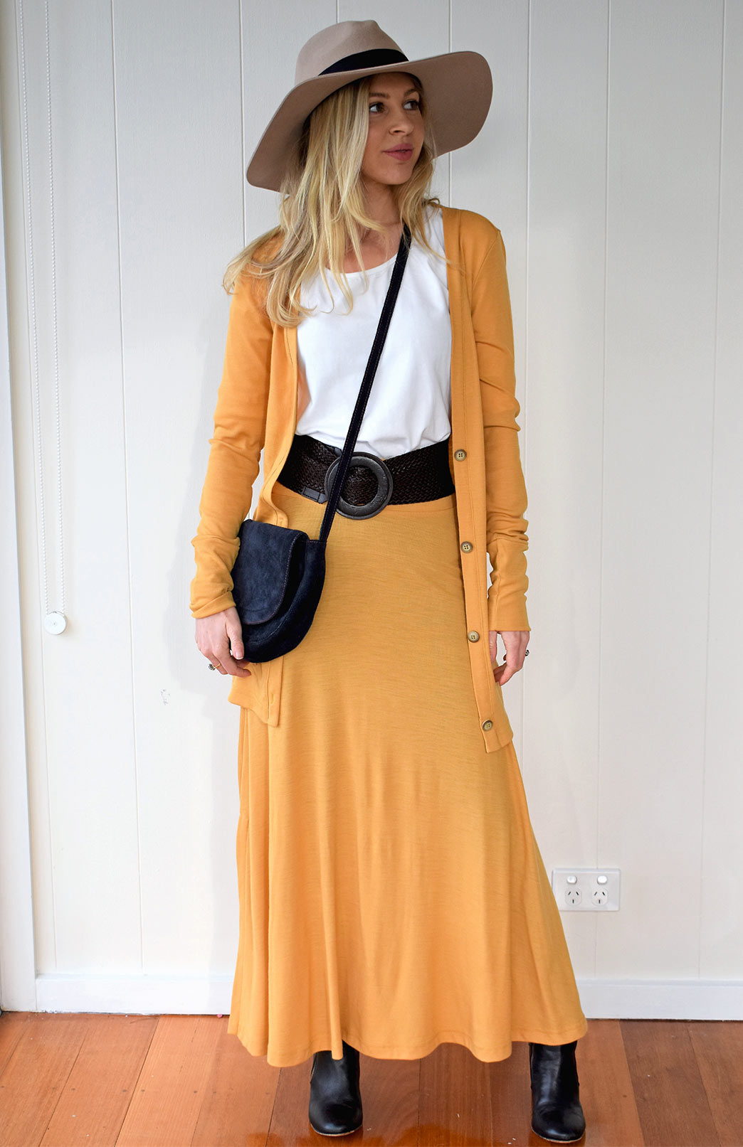 Mustard Yellow Women's Merino Wool Long Boyfriend Cardigan with Buttons