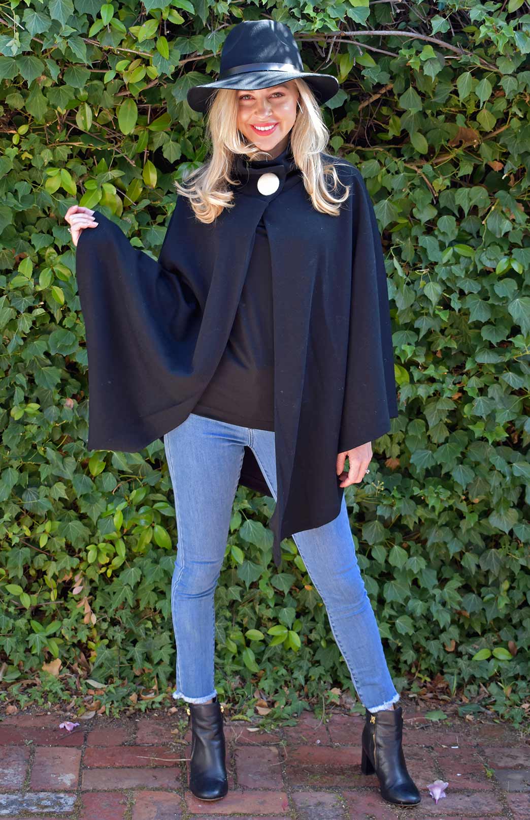 Black Merino Wool Cape with Magnetic Button Neck Fastening 