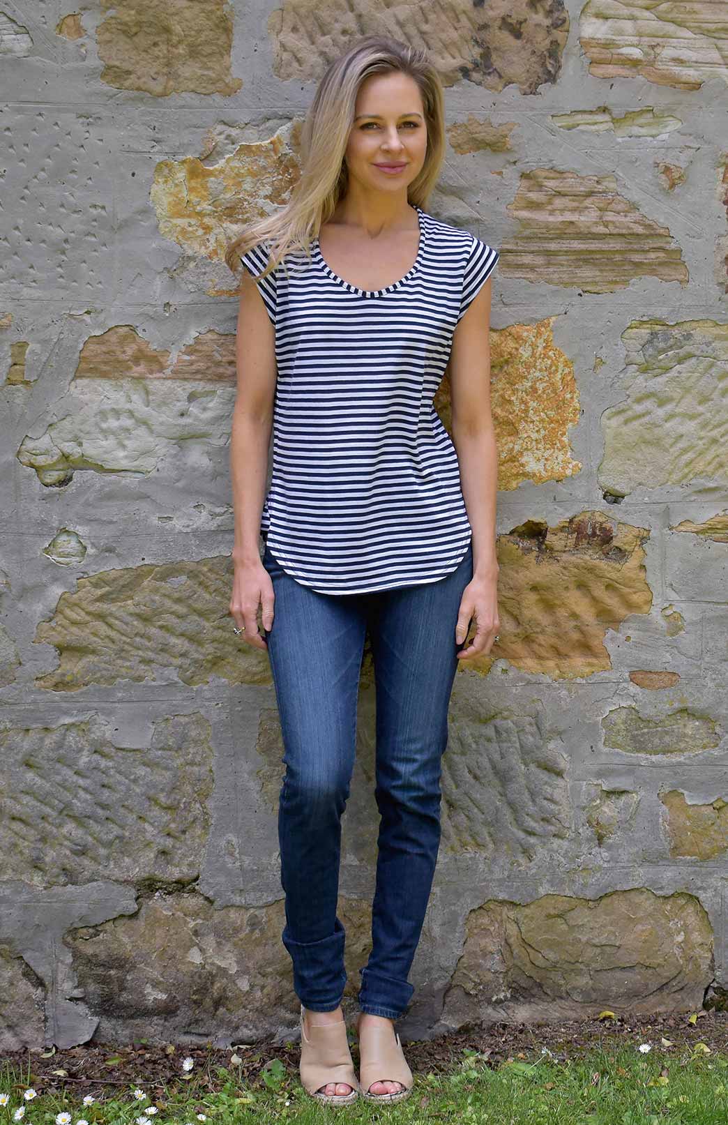 Navy & Ivory Stripe Women's Merino Wool Cap Sleeve T-Shirt

