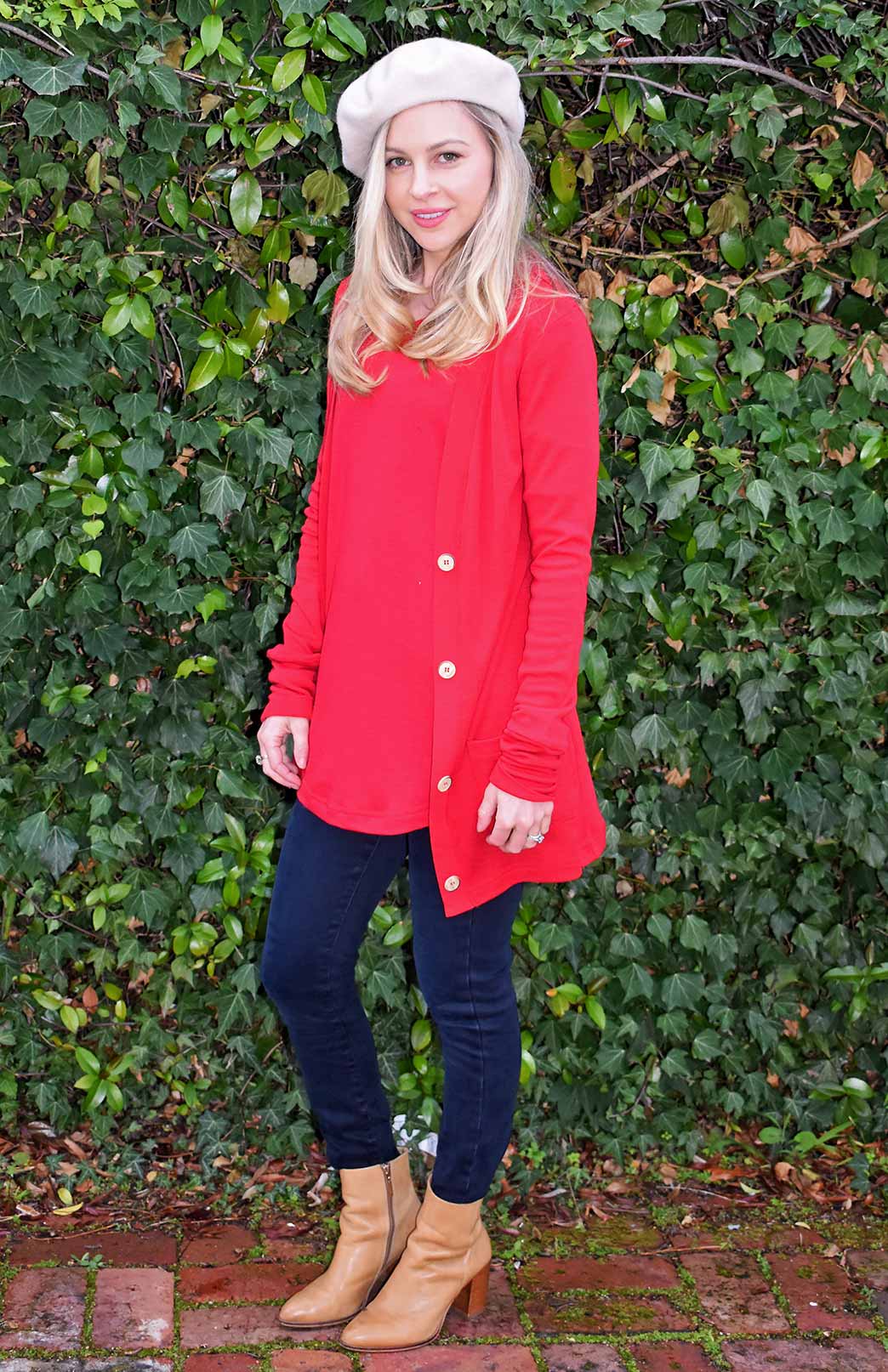 Chilli Red Women's Merino Wool Long Boyfriend Cardigan with Buttons