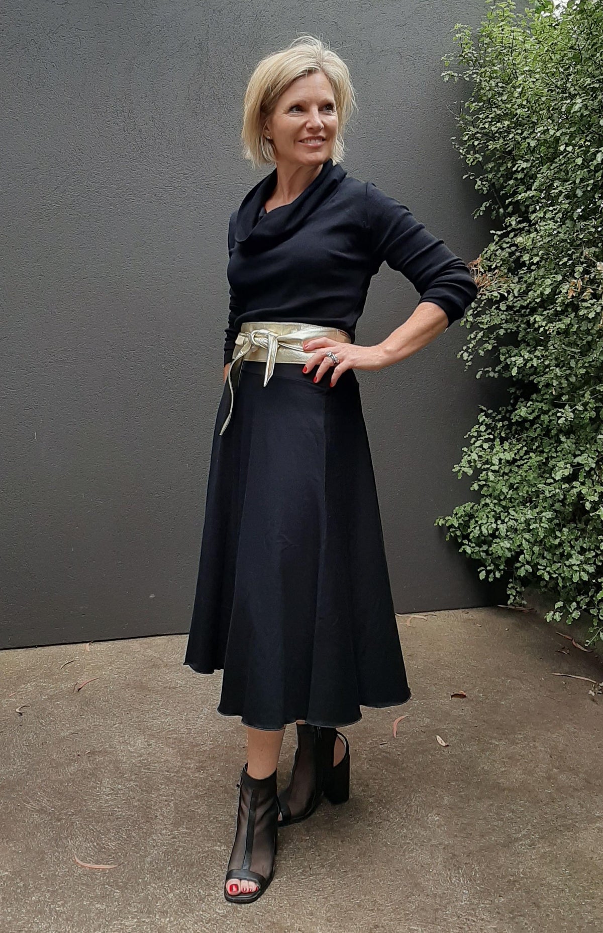 Black Women's Merino Wool Cowl Neck Top with Long Sleeves