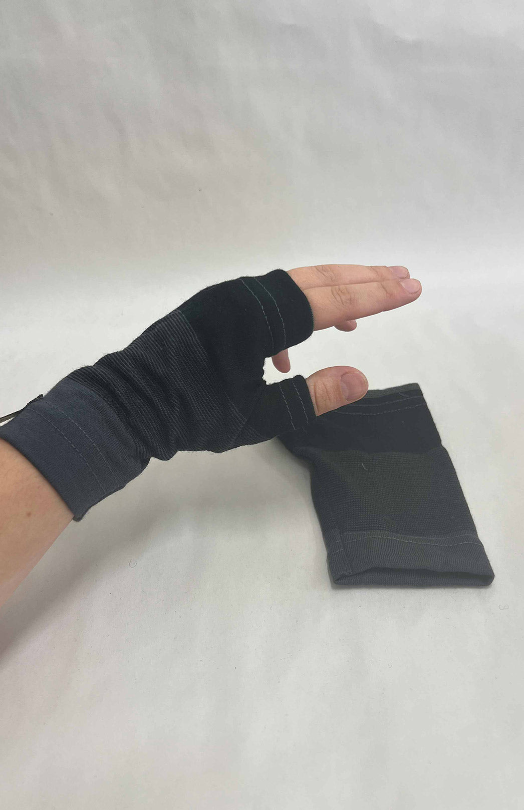 Denim Grey Black Stripe Merino Wool Thermal Fingerless Mittens