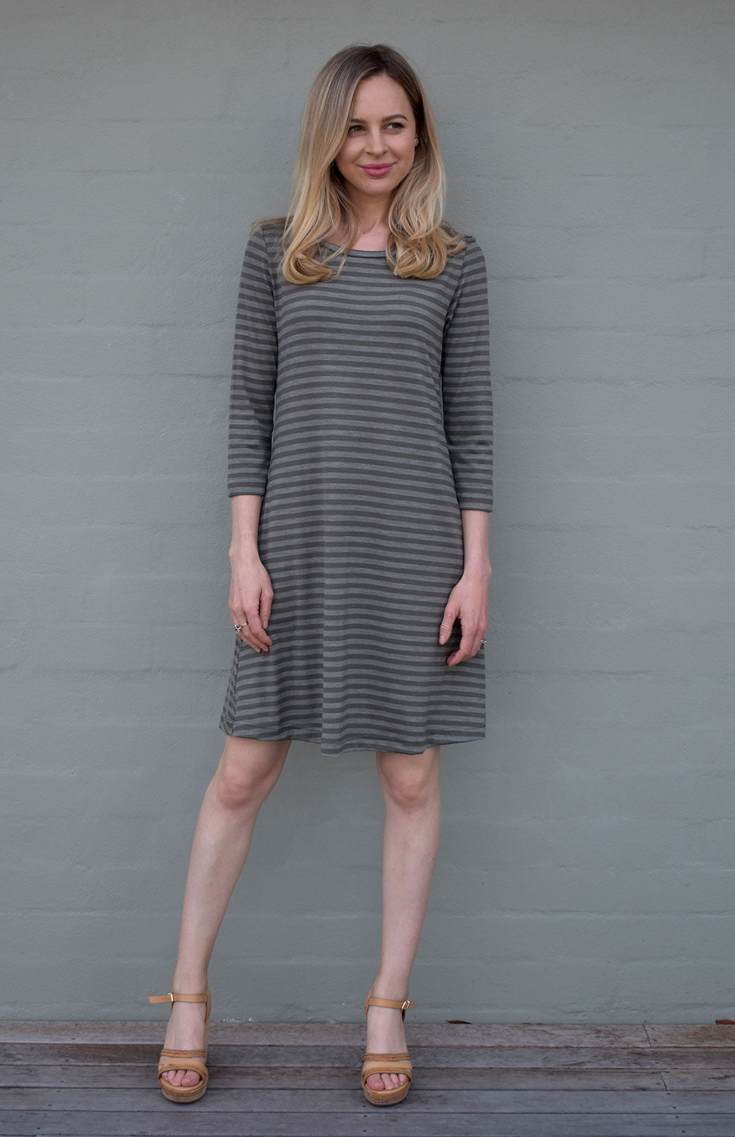 Kalamata Green Stripe Women's Merino Wool Swing Dress