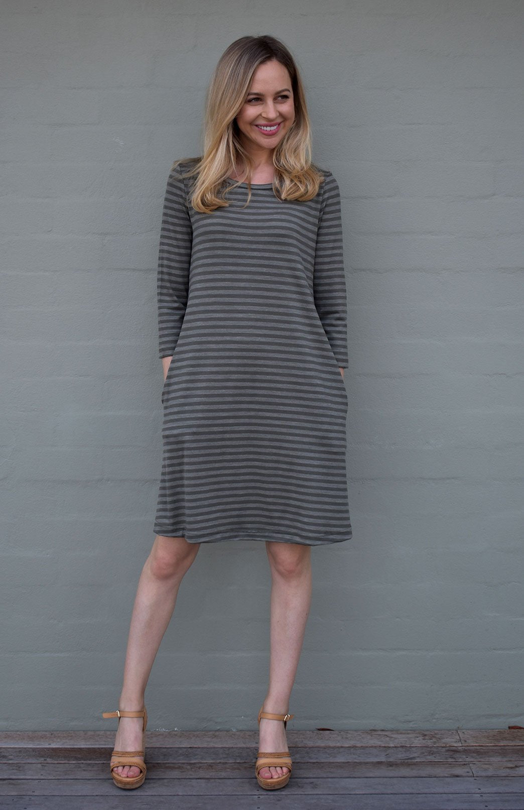 Kalamata Green Stripe Women's Merino Wool Swing Dress