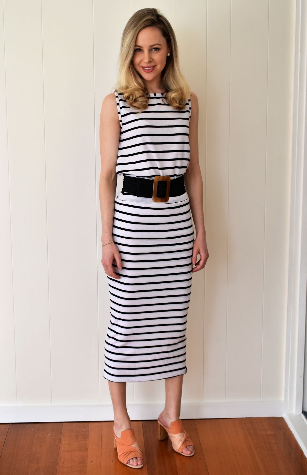 White & Black French Stripe Women's Merino Wool Long Tube Skirt