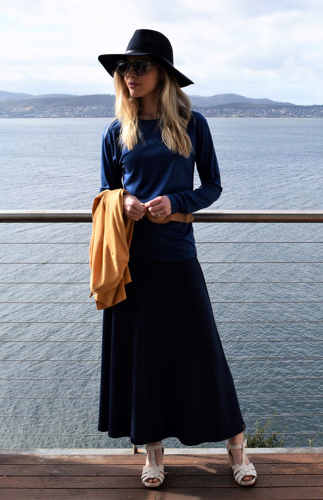 French Navy Blue Women's Merino Wool Ponte A-Line Midi Skirt