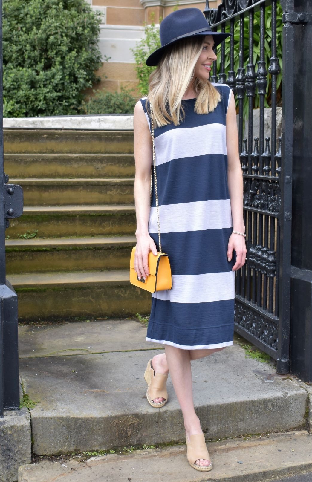 Ink Armani Wide Stripe Women&#39;s Sleeveless Shift Dress in Light 150gsm Pure Merino Wool
