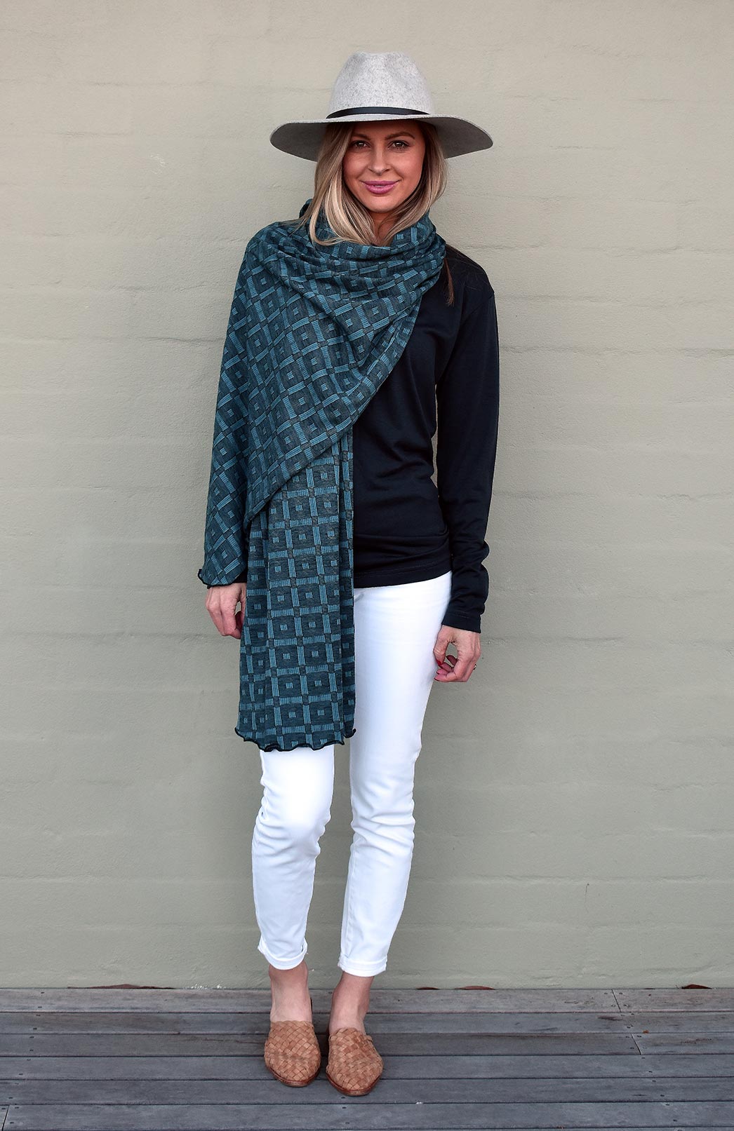 Jade Blue Check Women's Merino Wool Patterned Scarf