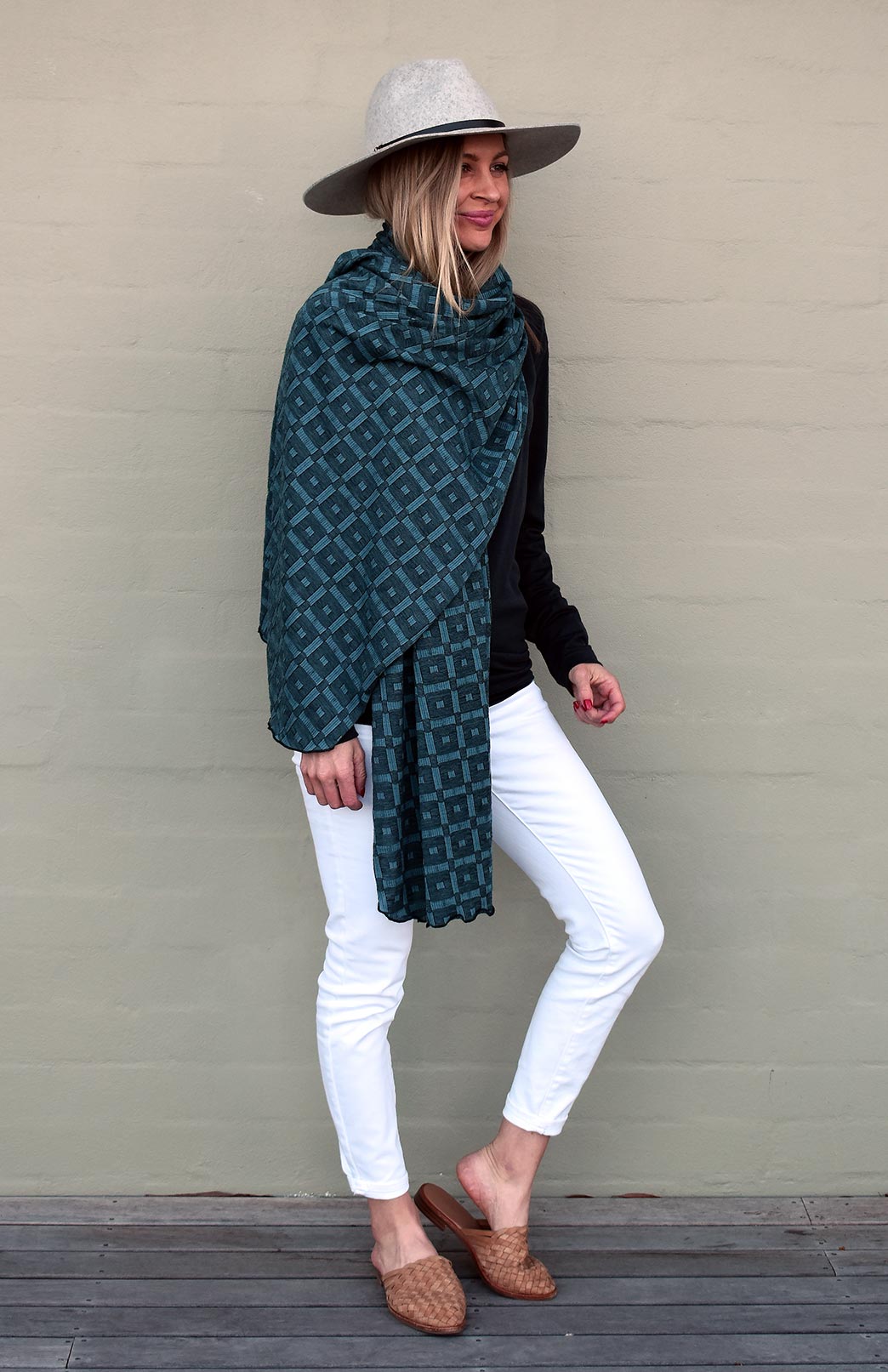 Jade Blue Check Women's Merino Wool Patterned Scarf