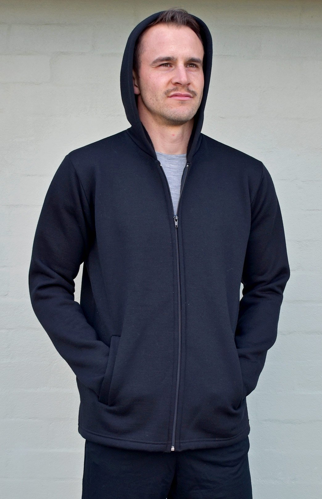 Black Men&#39;s Merino Wool Fleece Jacket with Hood
