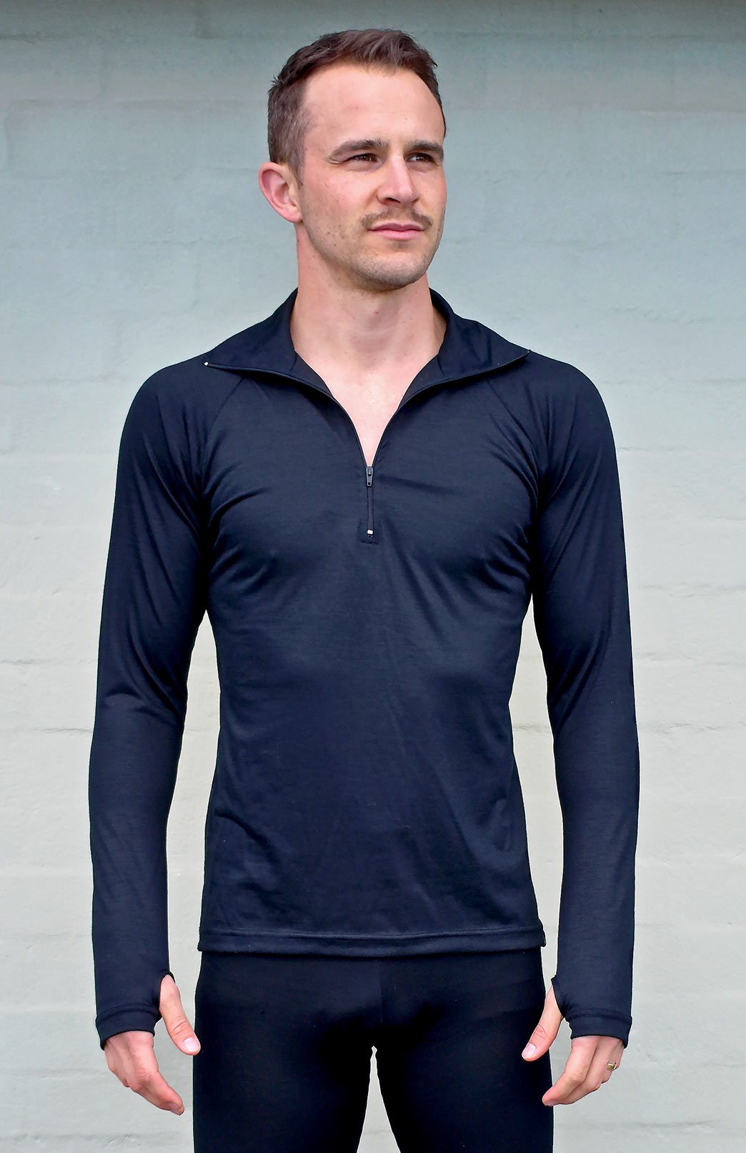 Black Men's Merino Wool Zip Neck Top