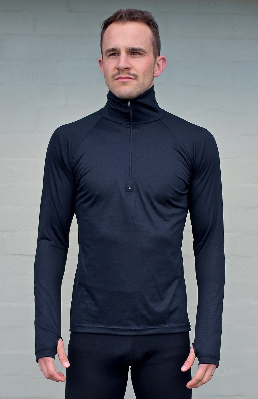 Black Men&#39;s Merino Wool Zip Neck Top
