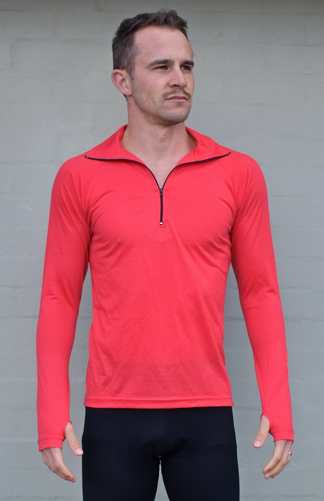 Hot Coral Men's Merino Wool Zip Neck Top