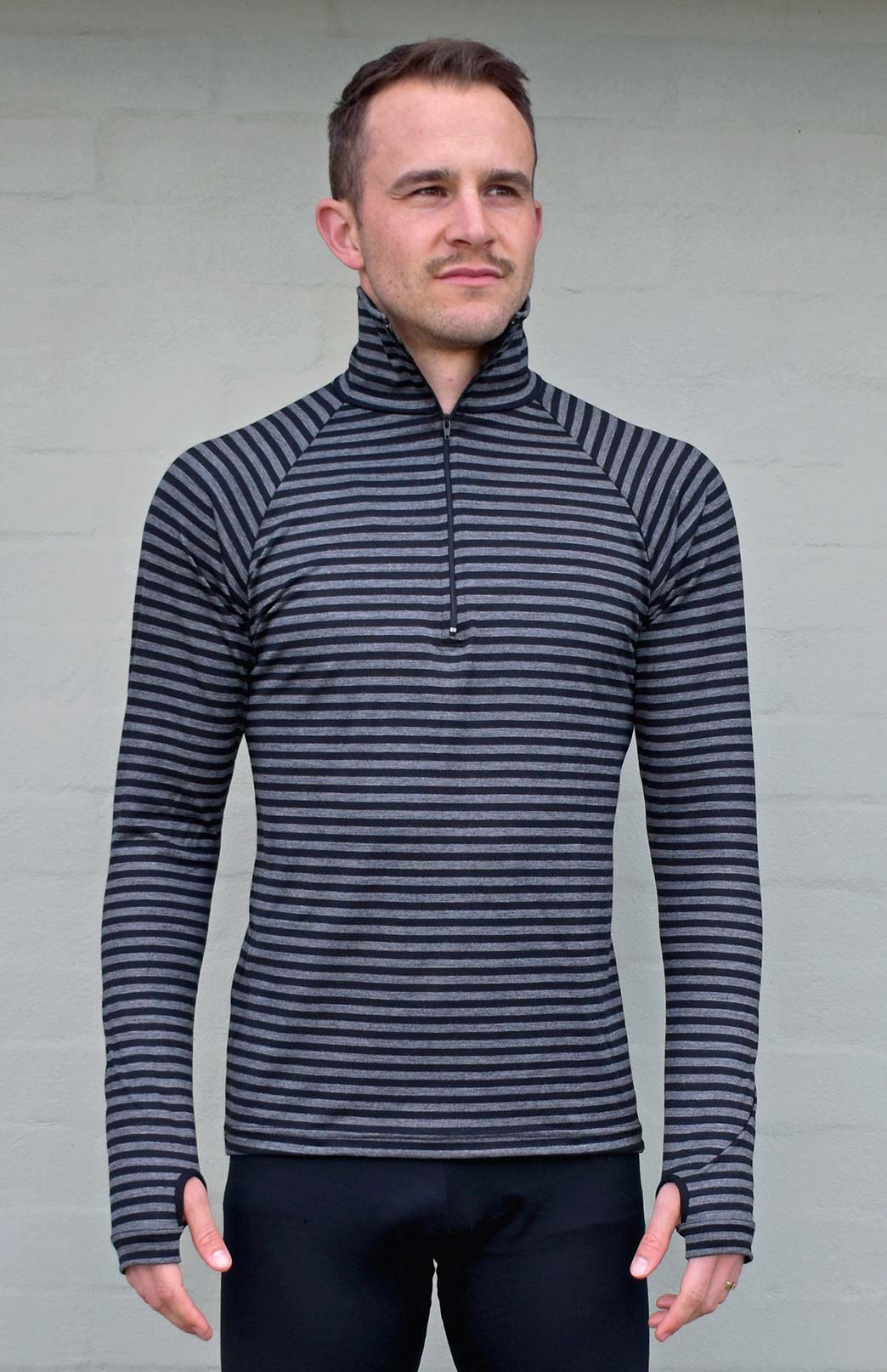 Black and Grey Stripe Men's Merino Wool Zip Neck Top
