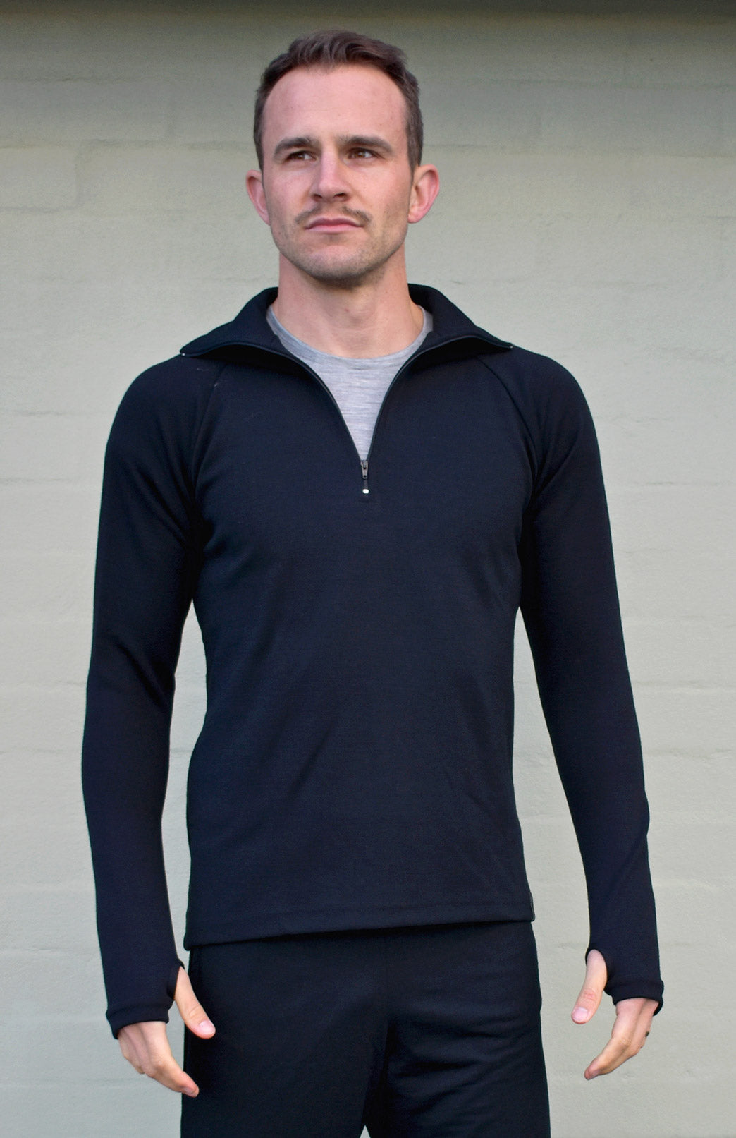 Black Men's Merino Wool Zip Neck Top
