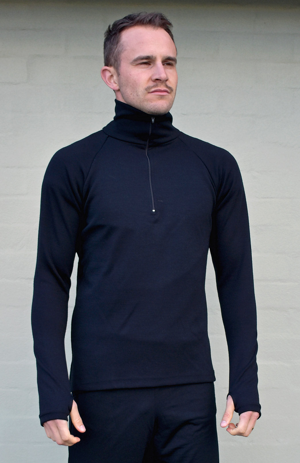 Black Men's Merino Wool Zip Neck Top