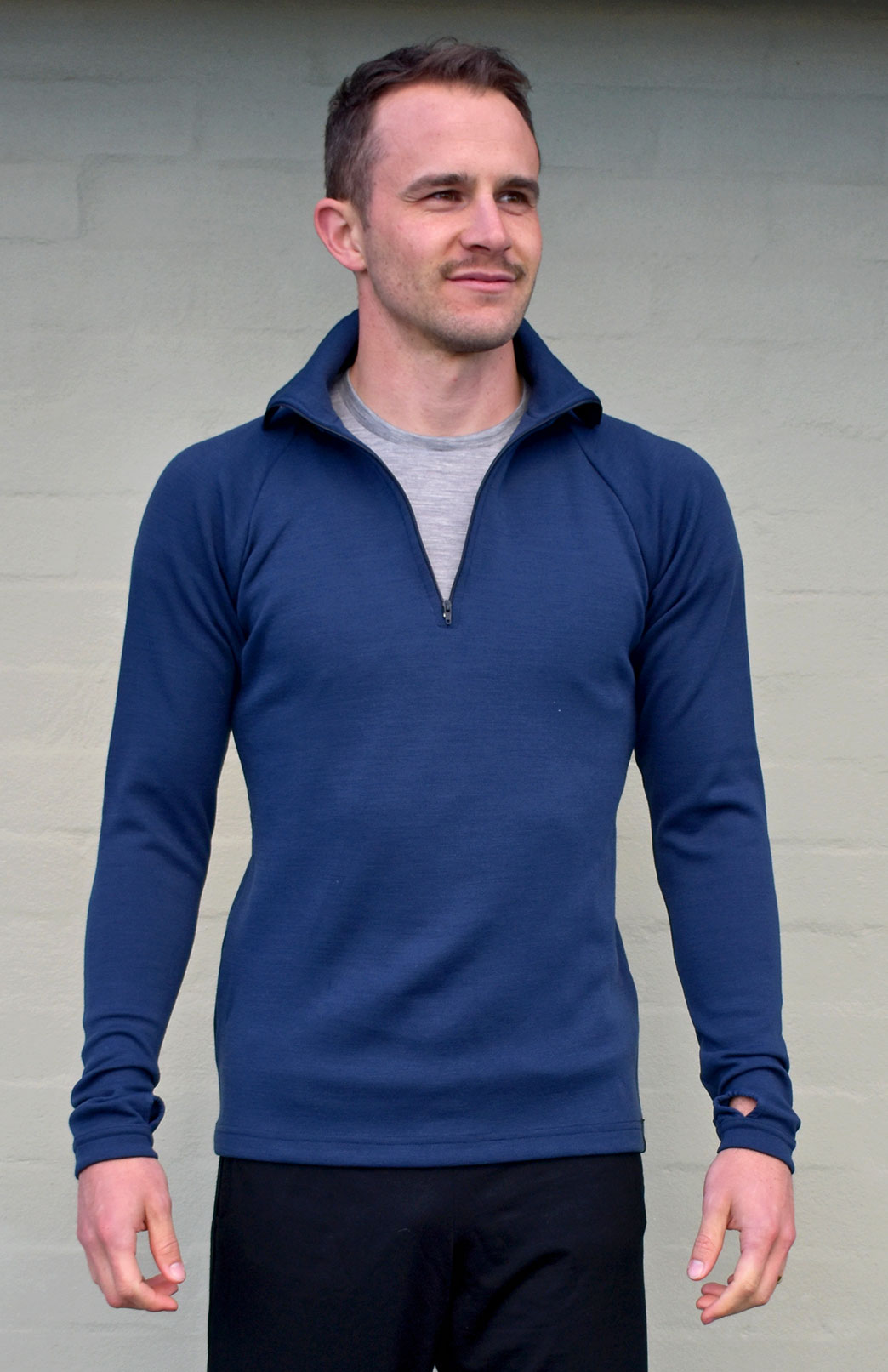 Indigo Blue Men's Merino Wool Zip Neck Top