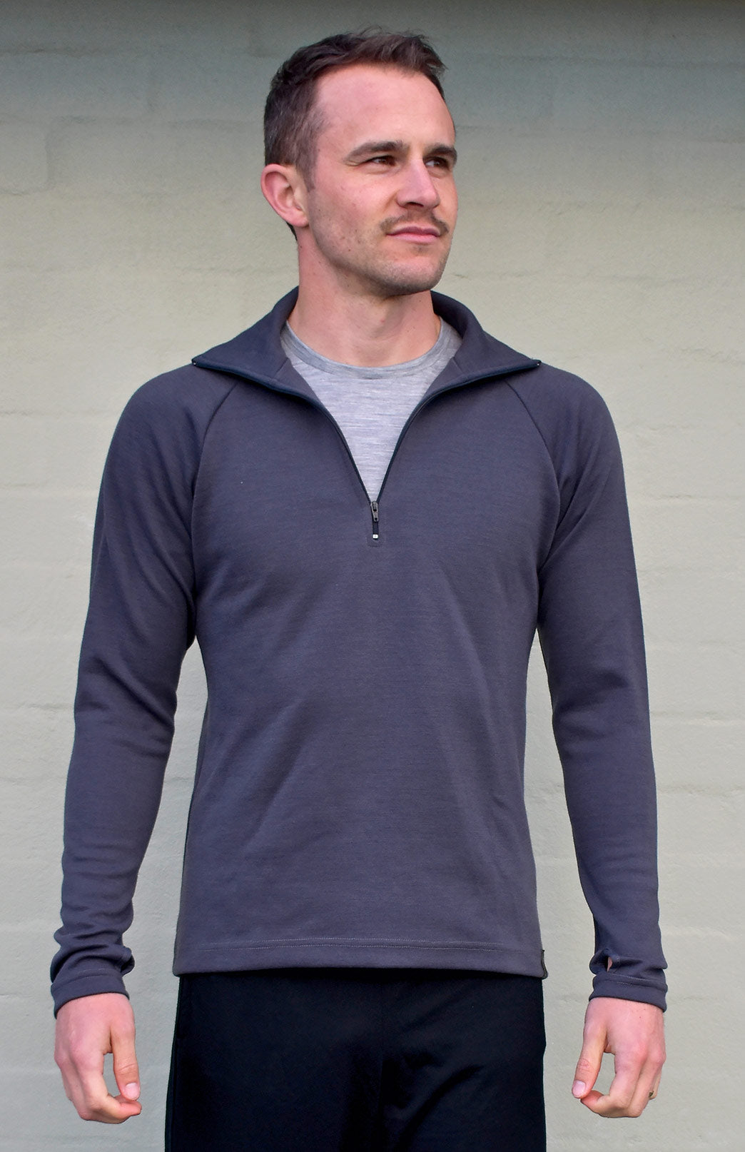 Steel Grey Men&#39;s Merino Wool Zip Neck Top
