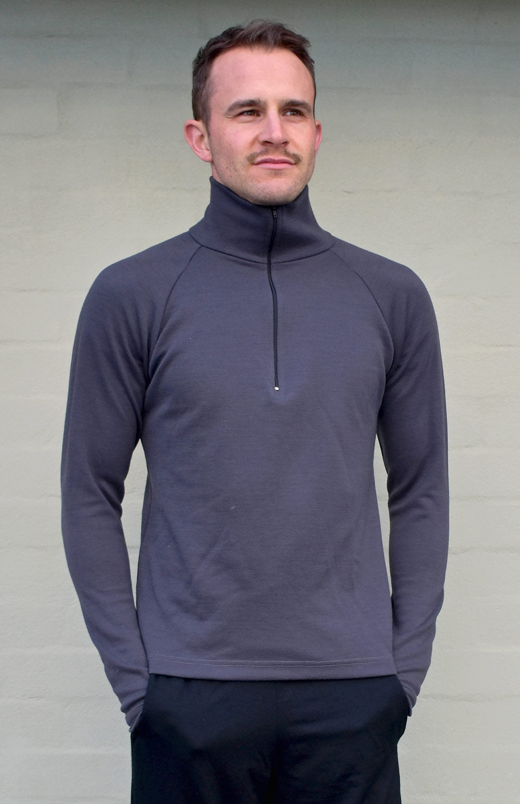 Steel Grey Men&#39;s Merino Wool Zip Neck Top
